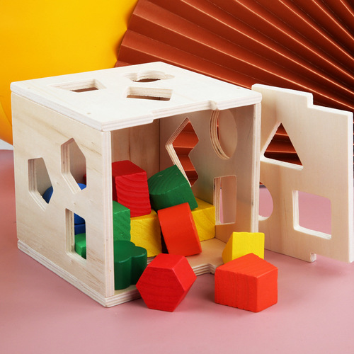 Factory direct sales children's puzzle early education three-dimensional building blocks geometric shape wooden matching building blocks 15-hole intelligence box