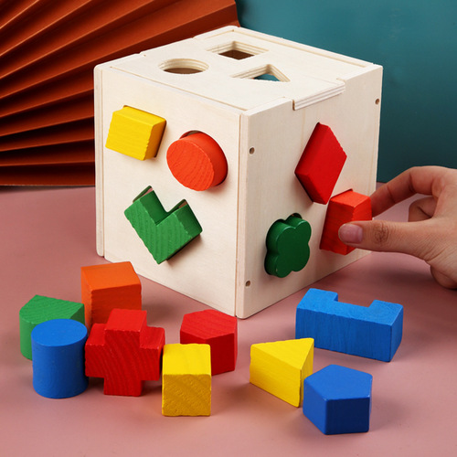 Factory direct sales children's puzzle early education three-dimensional building blocks geometric shape wooden matching building blocks 15-hole intelligence box
