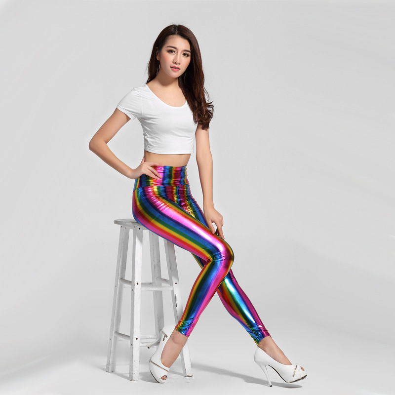 Europa y América nueva sexy de las mujeres del arco iris bronceado imitación cuero leggings rayas adelgazamiento Delgado alta cintura más tamaño Pantalones