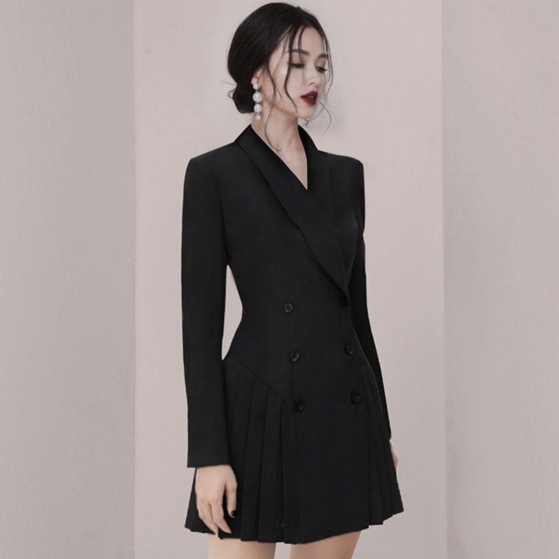 Black Suit Dress Spring and Autumn Spring New European and American Elegant Slim-fit Tight Waist Double-breasted Small Suit Coat Women