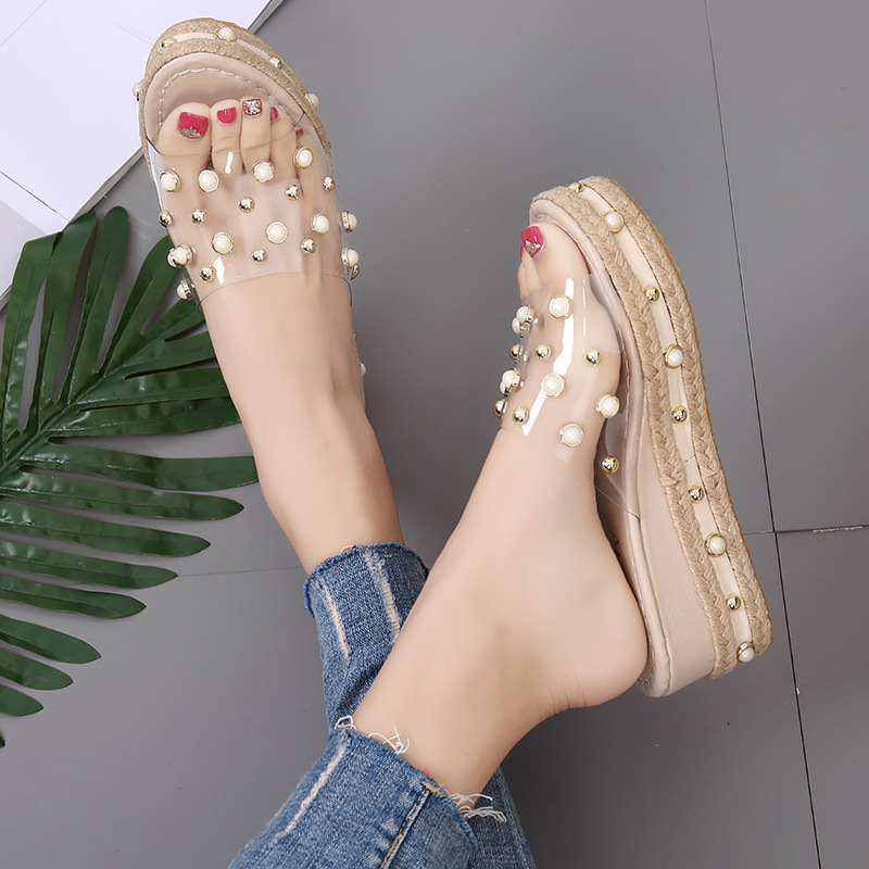 Summer New thick-soled wedge slippers Korean-style rhinestone Pearl sandals women transparent outerwear wholesale