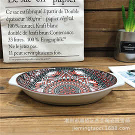 网红陶瓷双耳椭圆烤盘烤碗家用餐厅鱼盘意面焗饭盘批发定  制