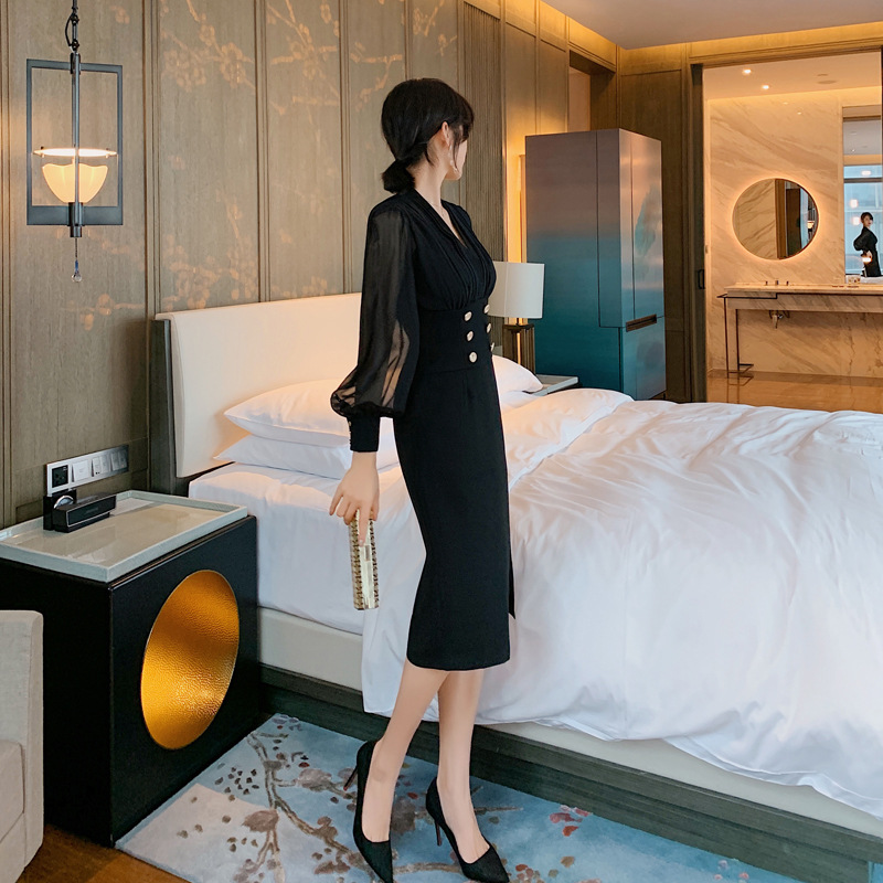 Đầm voan phối hai mảnh bất đối xứng kiểu mới — Màu đen