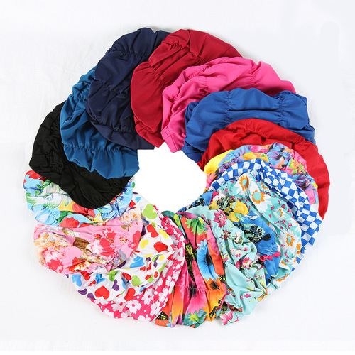 Swimming Cap for Women, Fashionful Floral Print Pleated Adult Comfortable Non-Squeezing Long Hair Solid Color Large Size Fabric Swim Cap Wholesale