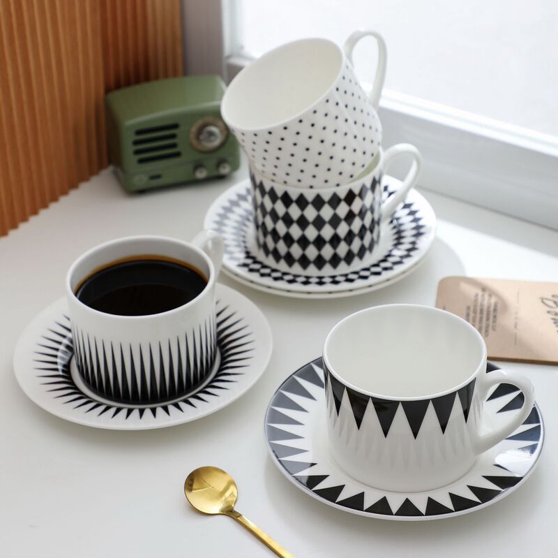 Bone China Coffee Cup and Saucer Set Scandinavian Black and White Geometric European Style Creative Simple British Afternoon Tea Couple Ceramic Cup
