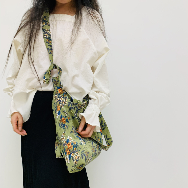Floral Hyun-Hyun Style Corduroy Flower Vintage Cloth Bag Shoulder Bag Crossbody Bag Fresh Style Women's Bag Horizontal Zipper
