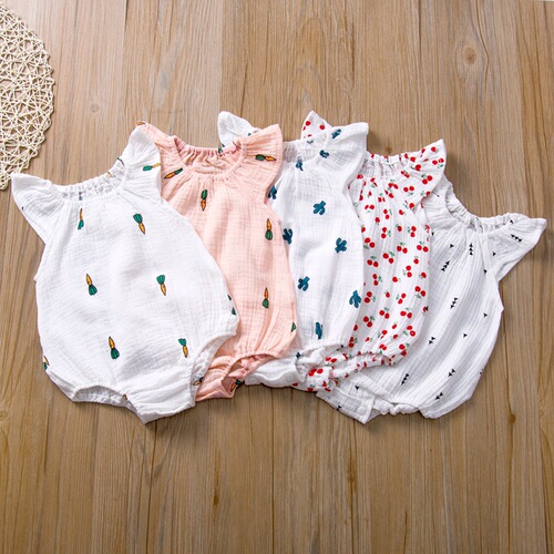 H1208# Summer Infant and Toddler Hairy Ins Europe and America Pleated One-Piece Climbing Suit Printed Cartoon Pattern Baby Hairy 