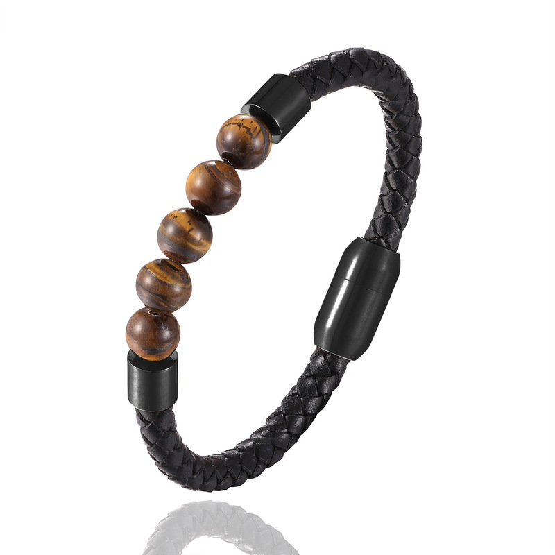 Stainless Steel Magnetic Buckle Real Leather Bracelet Factory Direct Natural Stone Bracelet Tiger Eye Volcanic Stone Stainless Steel Magnetic Buckle Real Leather Bracelet Factory Direct Natural Stone Bracelet Tiger Eye Volcanic Stone