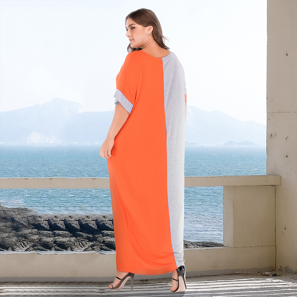 Summer New Plus Size Women's Loose Color-Block Round Neck Short Sleeve Dress Arabic Clothing JR3311_ecoleips.com