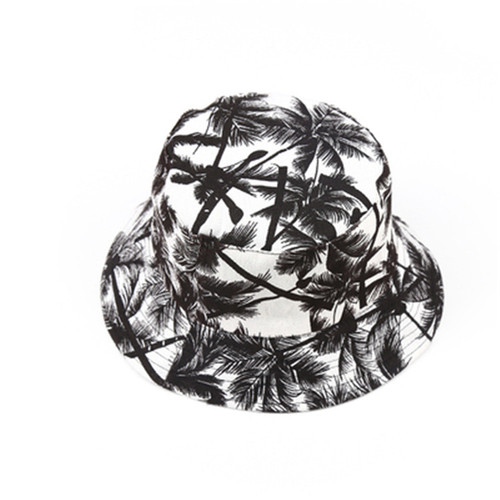 Cross-border e-commerce canvas fisherman hat for men and women, trendy printed coconut tree reversible basin hat, outdoor travel sun hat