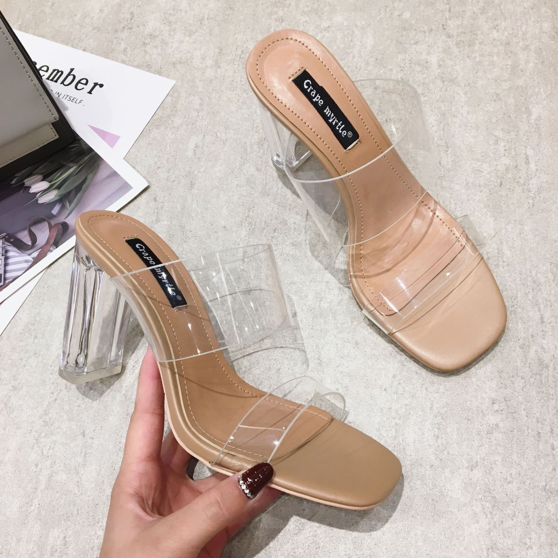 Sandalias de Mujer, Verano 2025, Nuevo Estilo, Sandalias de Tacón Grueso de Moda en Internet, Sandalias de Tacón Alto de Cristal para Mujer, Estilo Hada 208-7