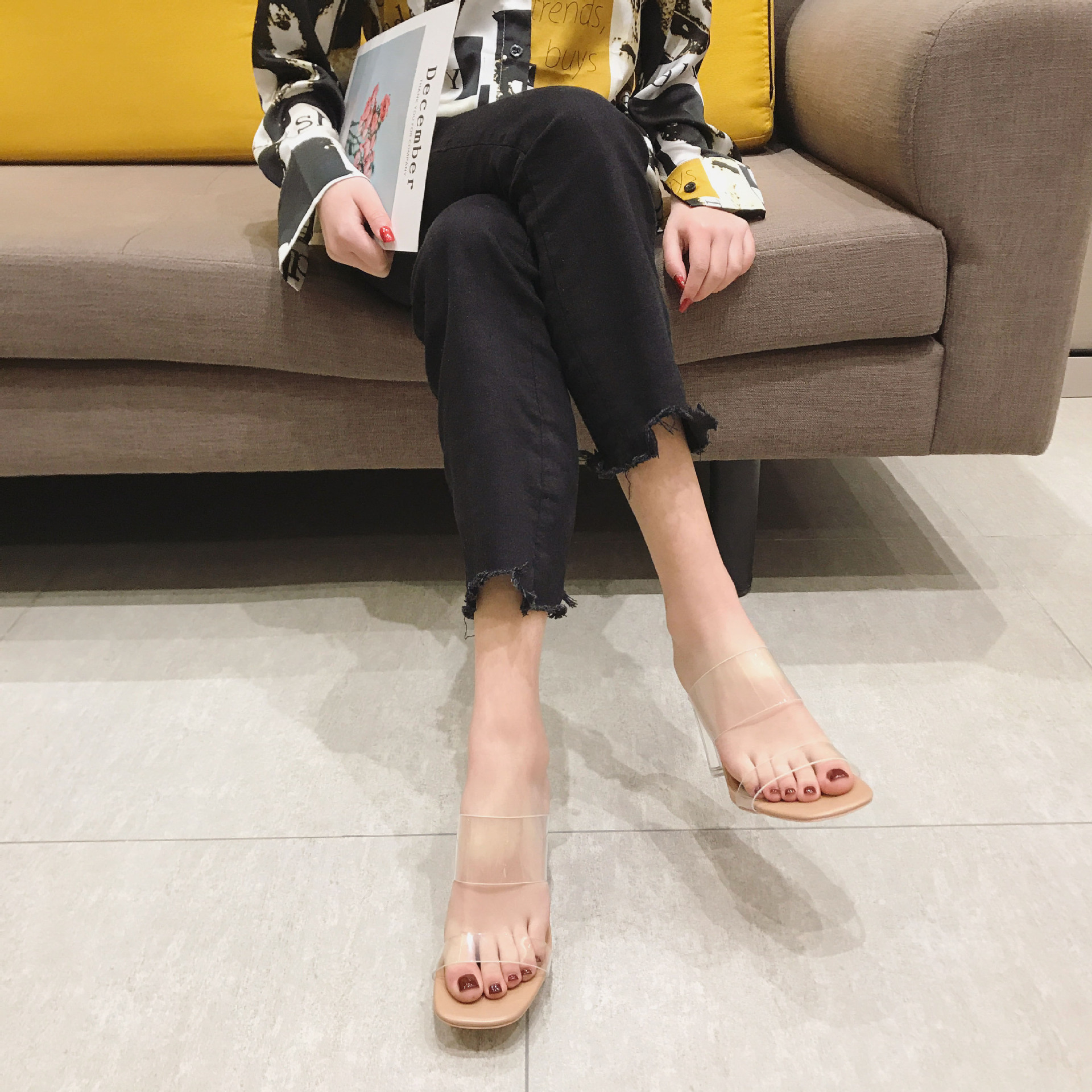 Sandalias de Mujer, Verano 2025, Nuevo Estilo, Sandalias de Tacón Grueso de Moda en Internet, Sandalias de Tacón Alto de Cristal para Mujer, Estilo Hada 208-7