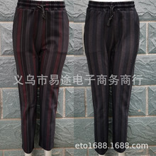 春秋中老年女士彩条麻料大码弹力休闲裤 条纹小脚裤地摊服装厂家