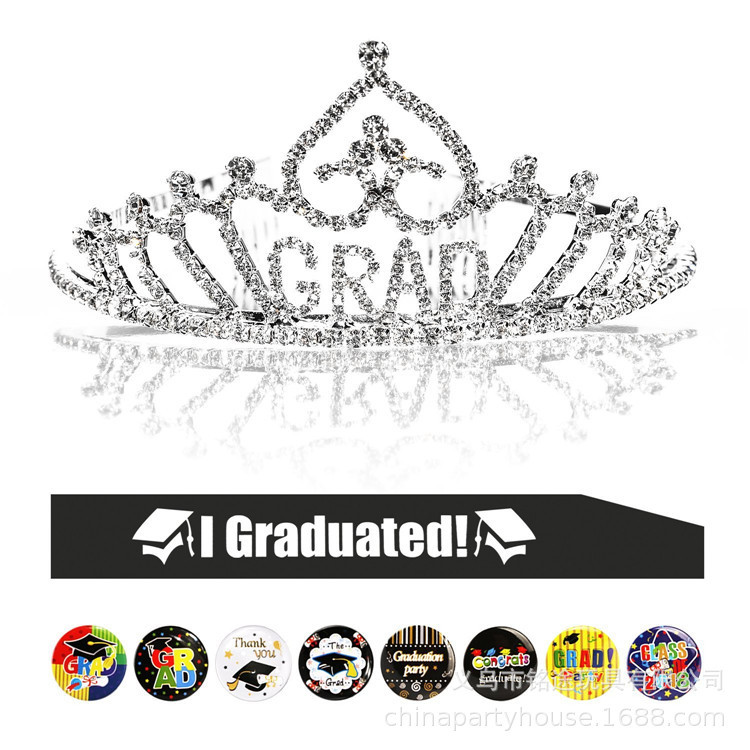 Temporada de graduación I Graduado etiqueta cinturón graduación fiesta decoración props GRAD corona conjunto de dos piezas