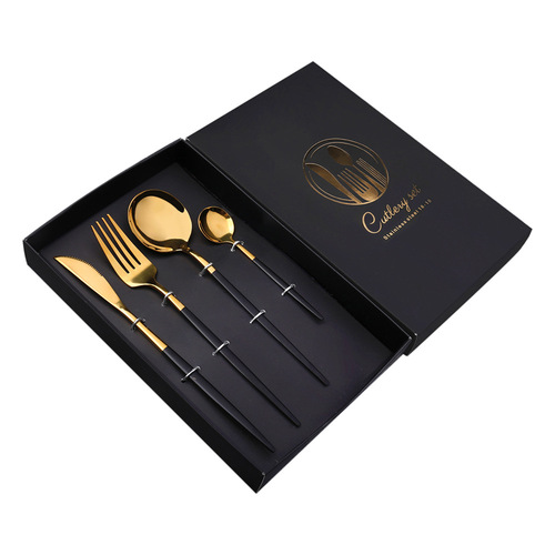 V stainless steel tableware, Portuguese cutlery, fork and spoon four-piece set, golden knife and fork, Western tableware set, gift gift