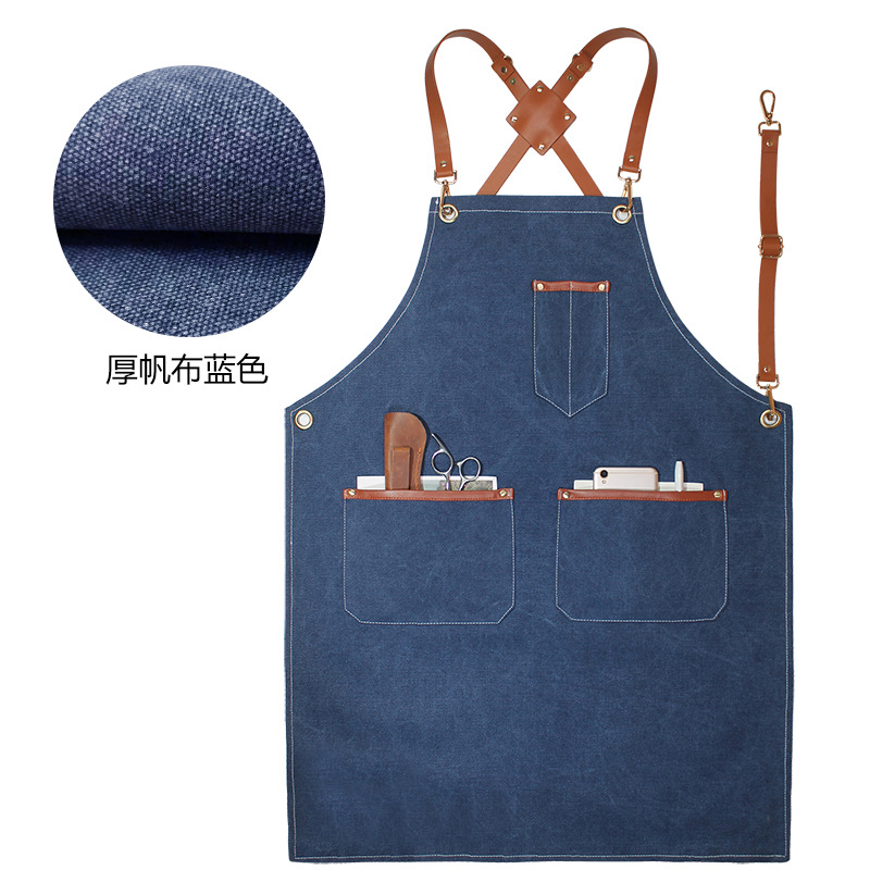 Denim delantal bolsillo tira de cuero decorativo creativo Correa overoles peluquero lona gruesa delantal por mayor