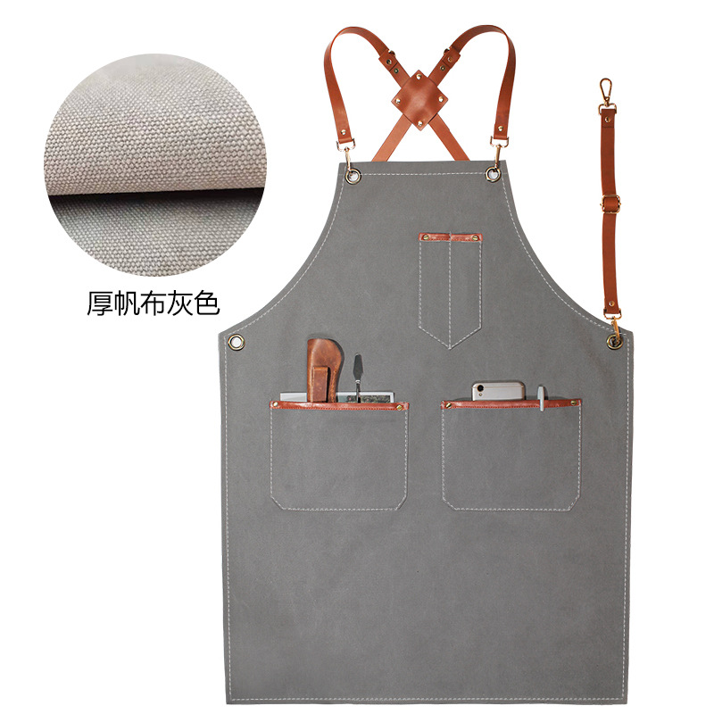 Denim delantal bolsillo tira de cuero decorativo creativo Correa overoles peluquero lona gruesa delantal por mayor