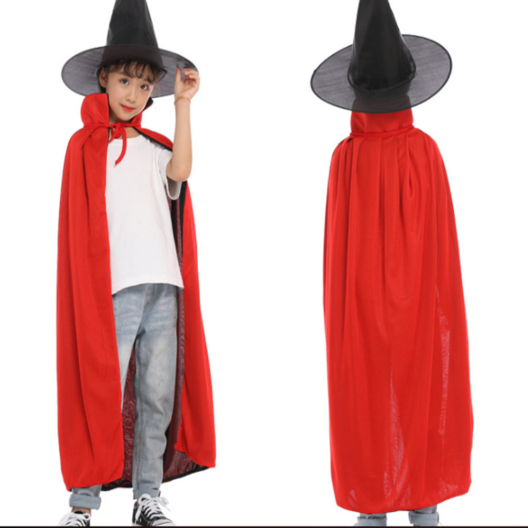 Comercio electrónico transfronterizo de Halloween bata de doble capa con sombrero de bruja rojo negro doble cara capa de cuello vertical