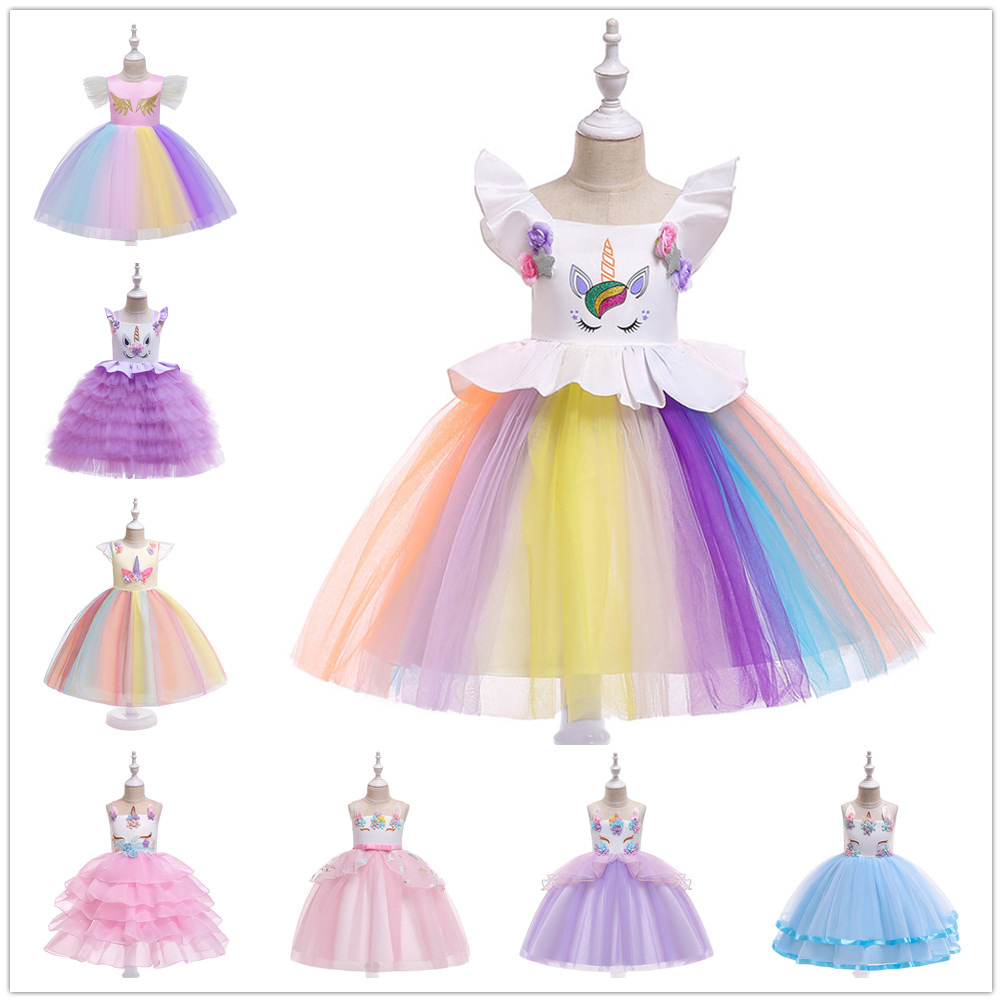 Cross Border Girl Dress Rainbow Unicorn Tail Dress Mesh Cake Dress Pony Cartoon Princess Dress cosplay