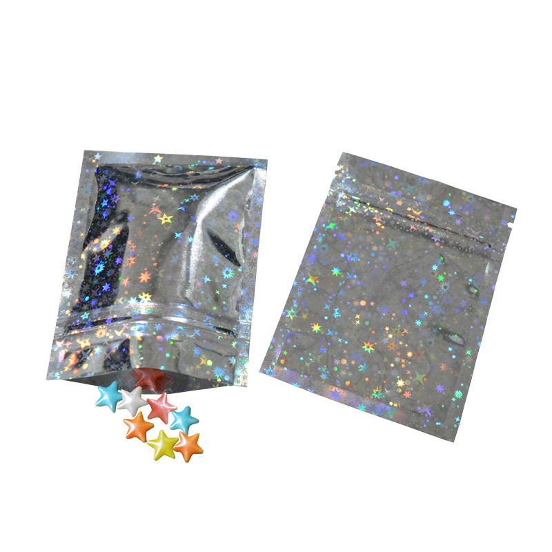 Bolsa autosellable plateada de aluminio estrella de doble cara flash bolsa autoportante colgante joyería bolsa de alimentos ciegos bolsa autosellante 100 piezas Precio