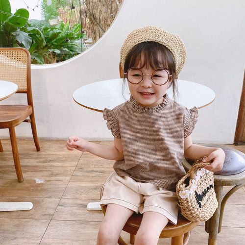 2024 Children's Clothing Summer New Products Girls Summer Clothes Korean Style Plaid Sleeveless Lace Summer Shirt 20312