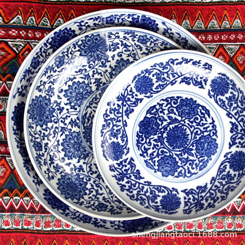 Большая тарелка с синей и белой курайской рыбой для ресторана и отеля, крупная чаша для перца, керамическая чаша большого размера
