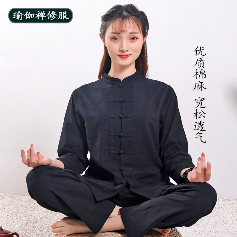 면과 린넨 명상 요가 의류 새로운 피트니스 의류 야외 스포츠 여성 라운더 명상 Taiji 의류 세트 도매
