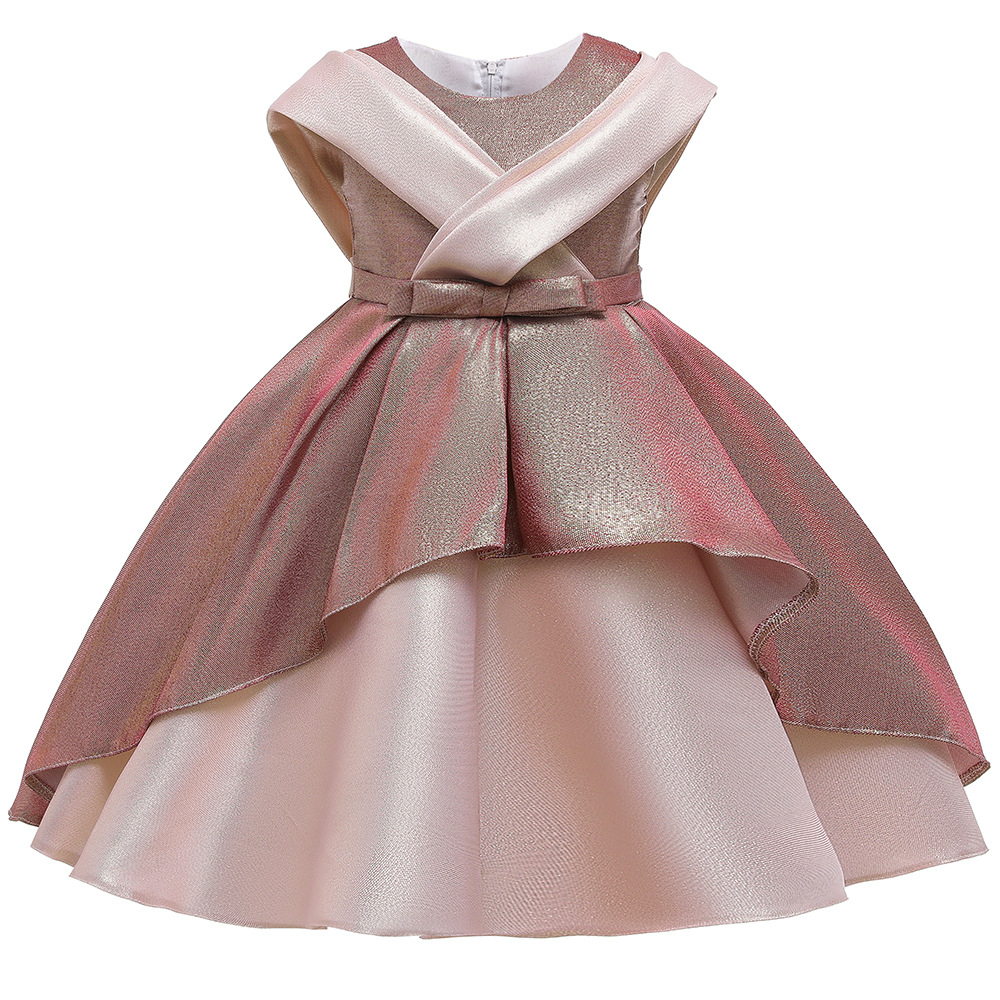 2024 New Children's Dress Girls' Two-Wear Stitching Pontoon Dress Gold Silk Cloth Princess Dress Flower Girl's Wedding Dress
