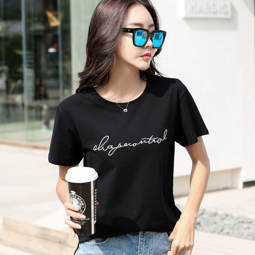 263 女装新款韩版圆领短袖T恤字母刺绣夏ins网红上衣大码宽松潮