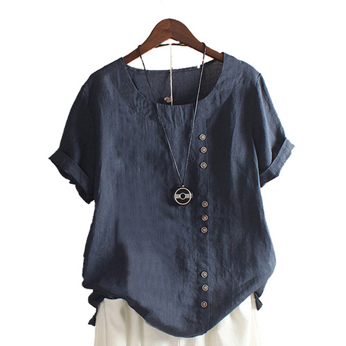  Amazon Wish AliExpress Women's Retro Cotton Linen Loose Short Sleeve Casual T-Shirt In Stock Trend Brand