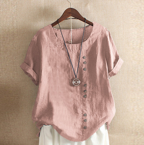  Amazon Wish AliExpress Women's Retro Cotton Linen Loose Short Sleeve Casual T-Shirt In Stock Trend Brand