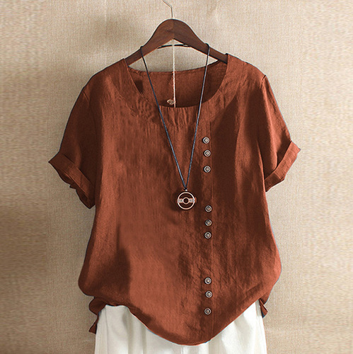  Amazon Wish AliExpress Women's Retro Cotton Linen Loose Short Sleeve Casual T-Shirt In Stock Trend Brand
