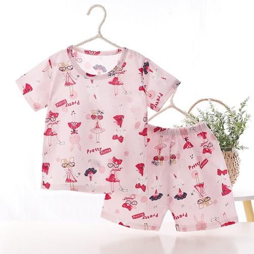 2024 New Children's Short-Sleeved Breathable Thin Breathing Cotton Suit Night Market Street Stall Summer Clothes Boys and Girls Air-conditioned Suit