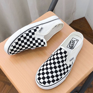 Summer 2020 chessboard Plaid canvas shoes women's slip-on half slippers lazy shoes Korean style couple casual shoes men