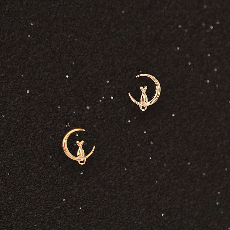 Мультяшный персонаж Кот, живущий на Луне, милые мини-серьги в японском стиле из чистого золота 9 карат с полумесяцем