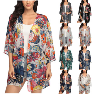 Cross-border Amazon Wholesale Loose Blouse Holiday Chiffon Kimono Cardigan Sun Protection Clothing European and American Large Size Women's Clothing