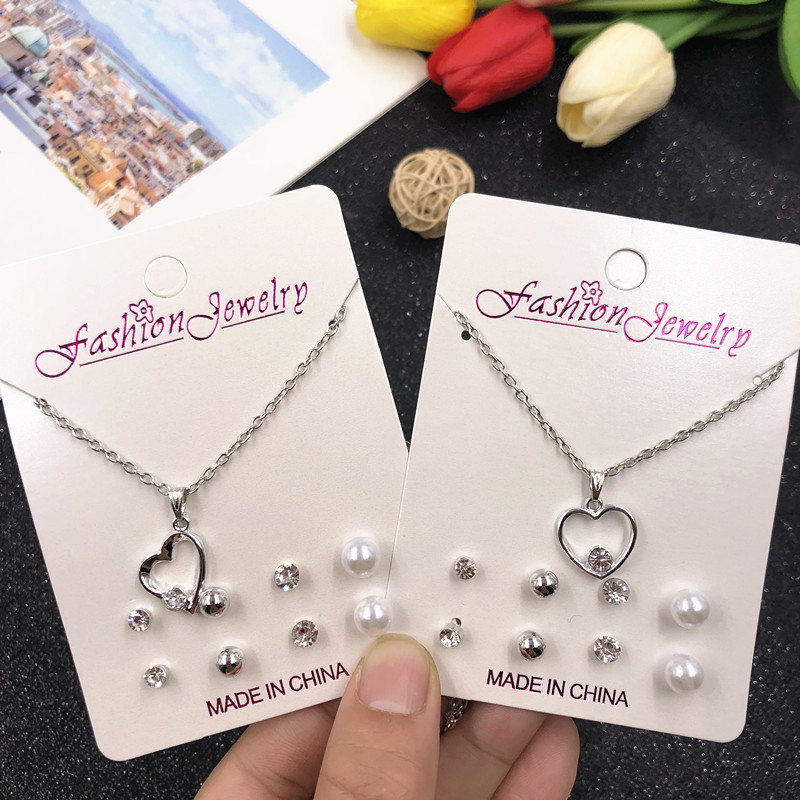 Necklace + stud earrings suit fresh student jewelry clavicle chain 4 pairs stud earrings necklace small gift 2 yuan store supply