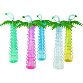 厂家可 创意吸管杯 透明塑料椰树杯 一次性果汁饮料夏日娱乐杯
