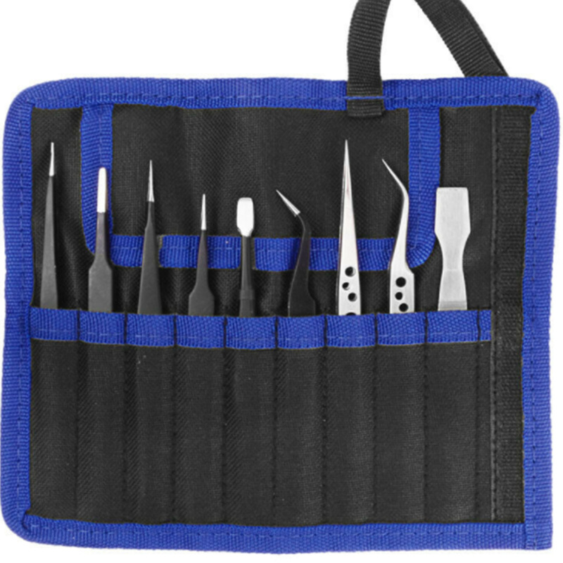 帆布袋不锈钢9件套装镊子尖头弯头工具燕窝夹嫁接睫毛镊子