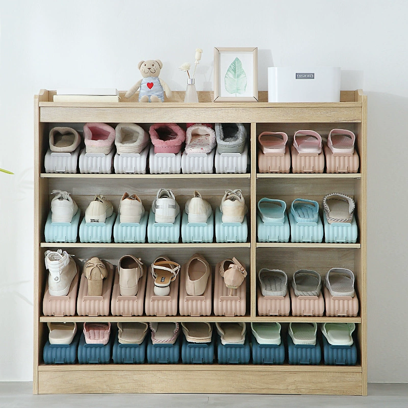 Система хранения обуви自主 Shoes Storage System - 2‑уровневый регулируемый стеллаж для тапочек и обуви, Deep Blue Grey Light Blue Fuchsia