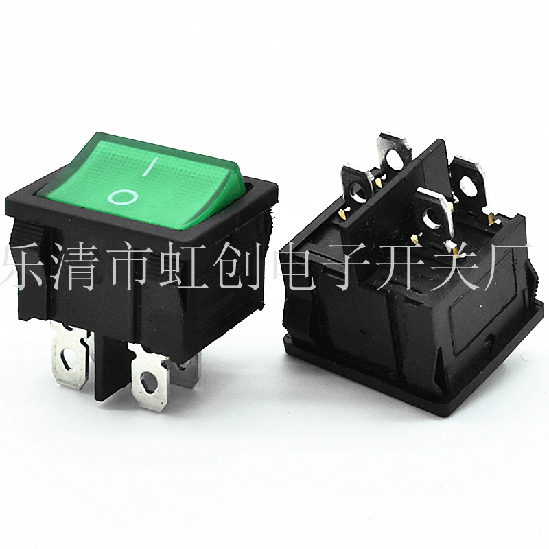 4脚2档船型开关 KCD透明绿灯绿盖阻燃复合点 21*24大电流开关