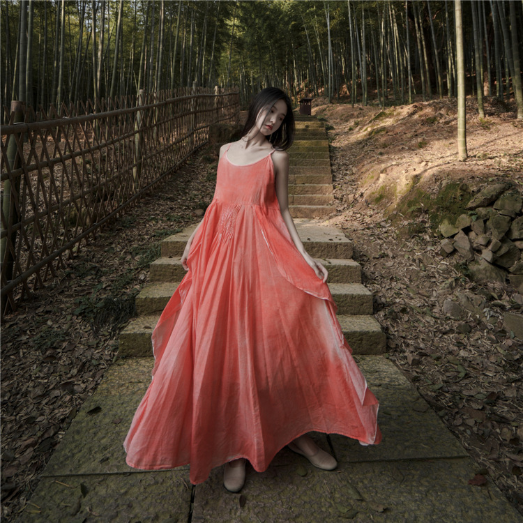 Customized Gradient Multi-Color Spray-Dyed Fungus Lace Plant-Dyed Literary and Artistic Style Elegant Suspender Long Skirt Dress