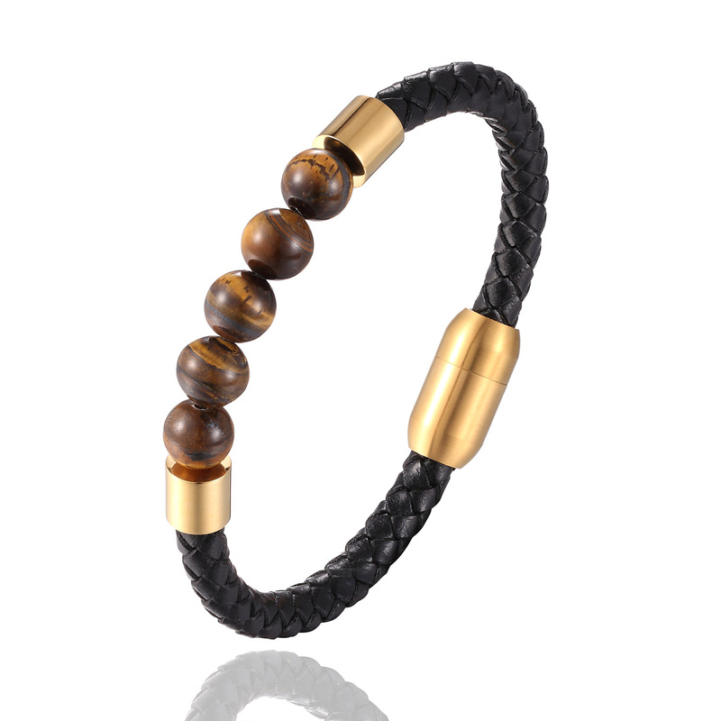 Stainless Steel Magnetic Buckle Real Leather Bracelet Factory Direct Natural Stone Bracelet Tiger Eye Volcanic Stone