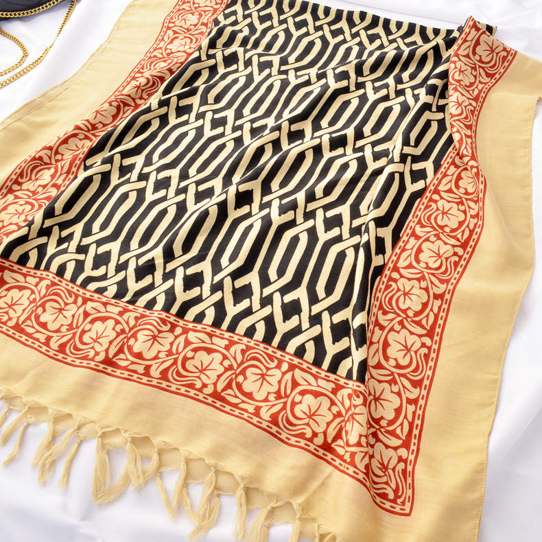 Comercio exterior Exportación original algodón y lino bufanda estilo turco tótem geométrico bufanda alargada beige borla chal para mujeres