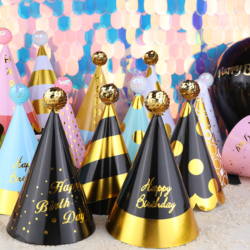 Factory direct cake decoration high-end black gold pink gold sequin ball children's adult party birthday hat