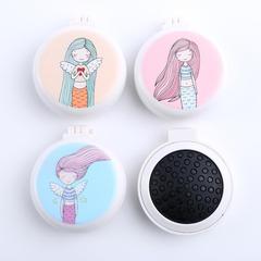 新款圓形便攜摺疊美發梳子糖果色可愛少女圖案蓬髮梳子梳鏡一體