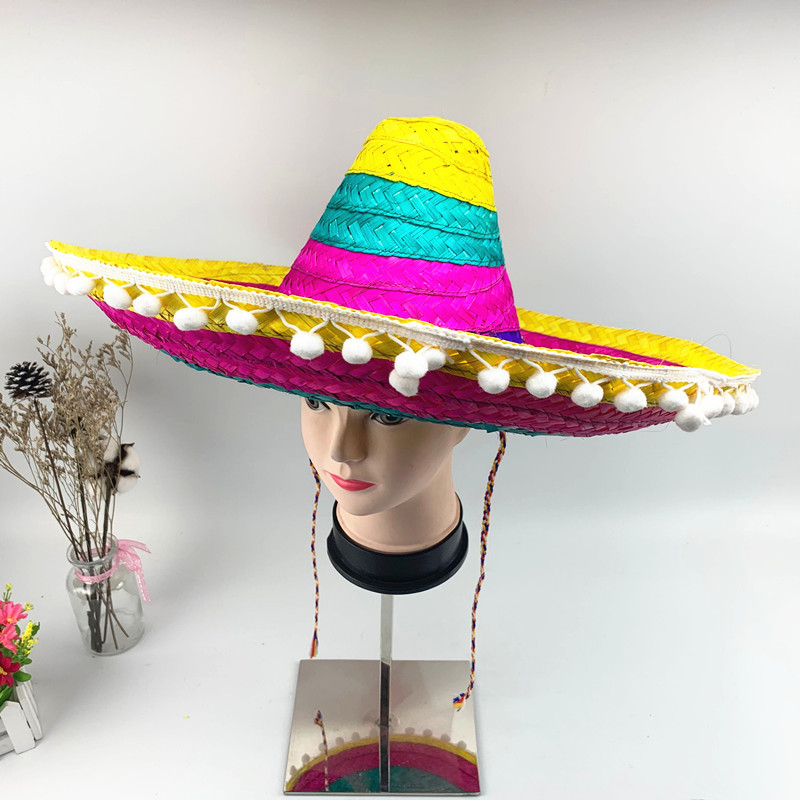 Sombrero mexicano sombrero de paja de bambú sombrero colorido sombrero de paja de fiesta sombrero de rendimiento accesorios de bola pompón sombrero de paja