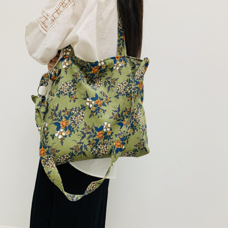 Floral elegante estilo de pana flor vintage bolsa de tela bolsa de hombro bolsa de mensajero bolso de las mujeres frescas cremallera horizontal