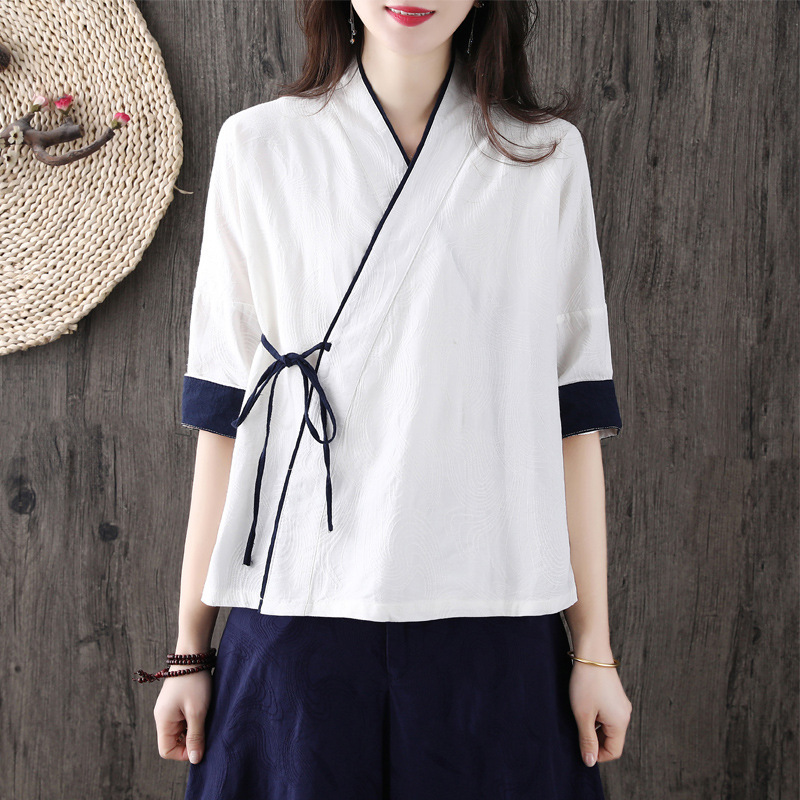 Chinese Style Retro Literary Cotton and Linen Improved Han Dynasty Summer Three-Quarter Sleeve Republic of China Cardigan V Neck Lace-Up Zen Tea Suit