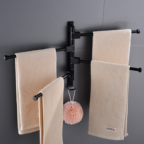 Non-piercing rotating towel rack, space aluminum black bath towel rack, foldable towel bar, multi-bar bathroom shower towel holder